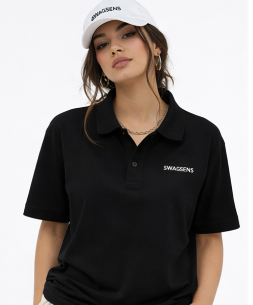 Person wearing a black polo shirt with 'SWAGSENS' logo and a white cap on a white background