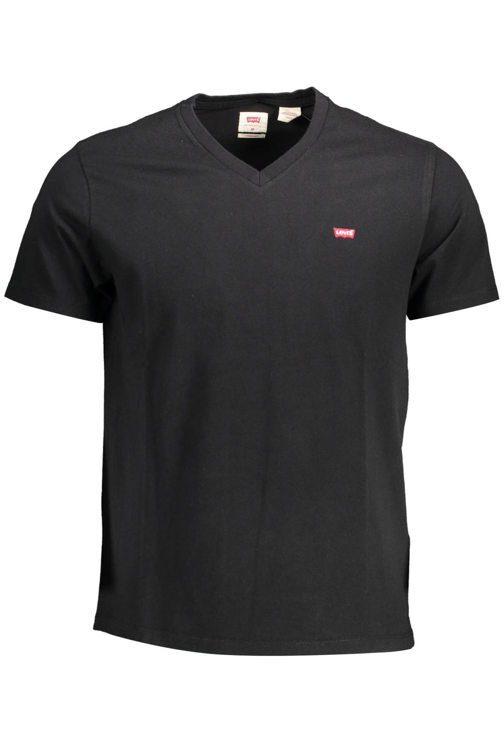 Black t-shirt with a small red logo on a white background