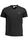 Black t-shirt with a small red logo on a white background