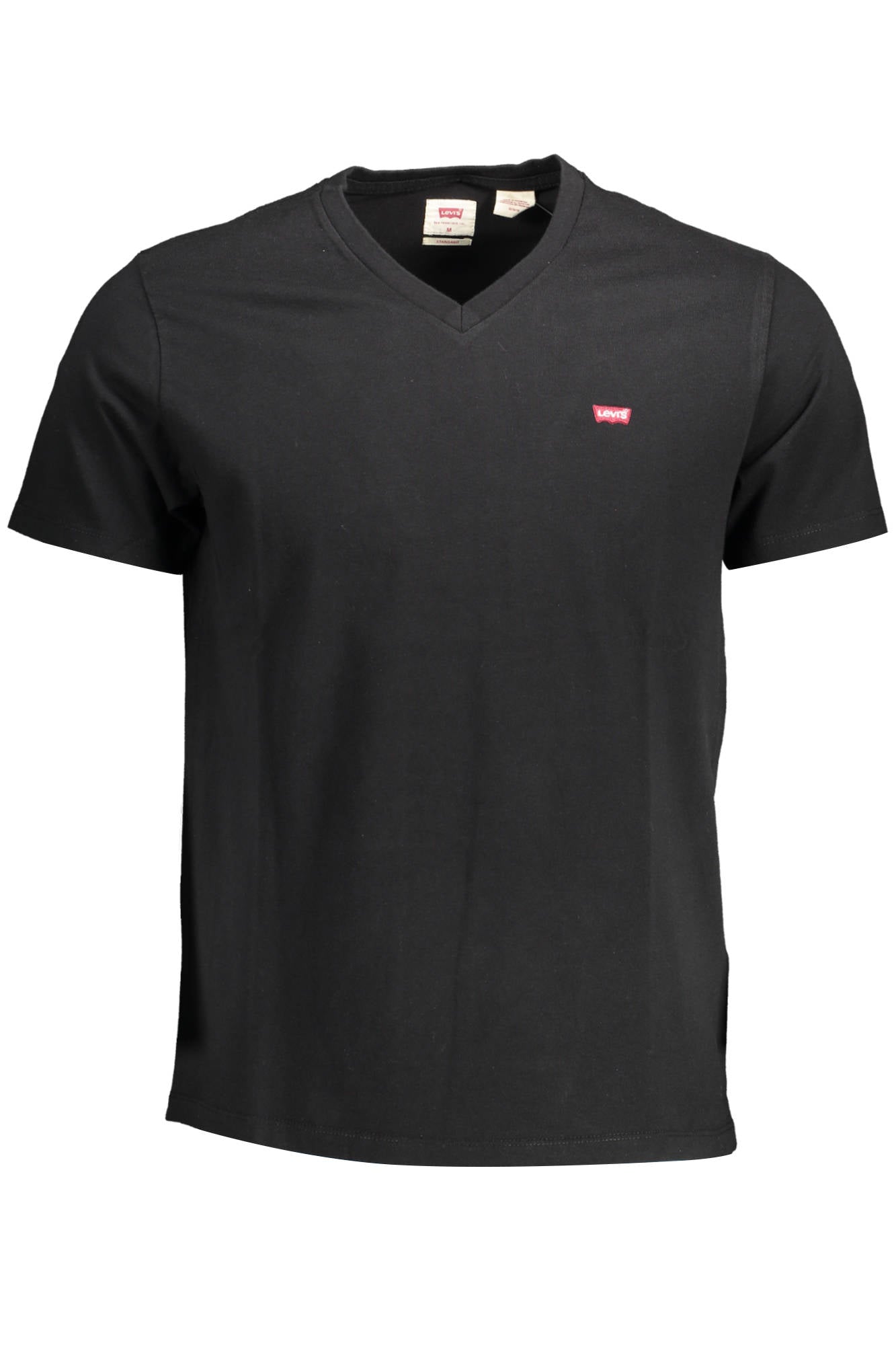 Black t-shirt with a small red logo on a white background